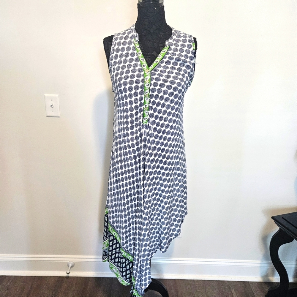 Seven Islands NY Maxi Dress Blue Green Flowy Tropical Beach Asymmetrical Sz M
